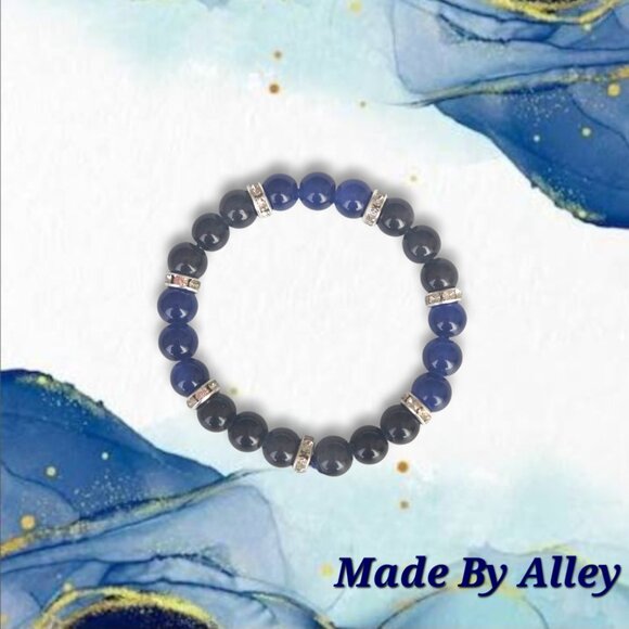 Handmade Navy Blue and Black 8mm Glass Beaded Bracelet with Silver Spacers - Picture 1 of 3